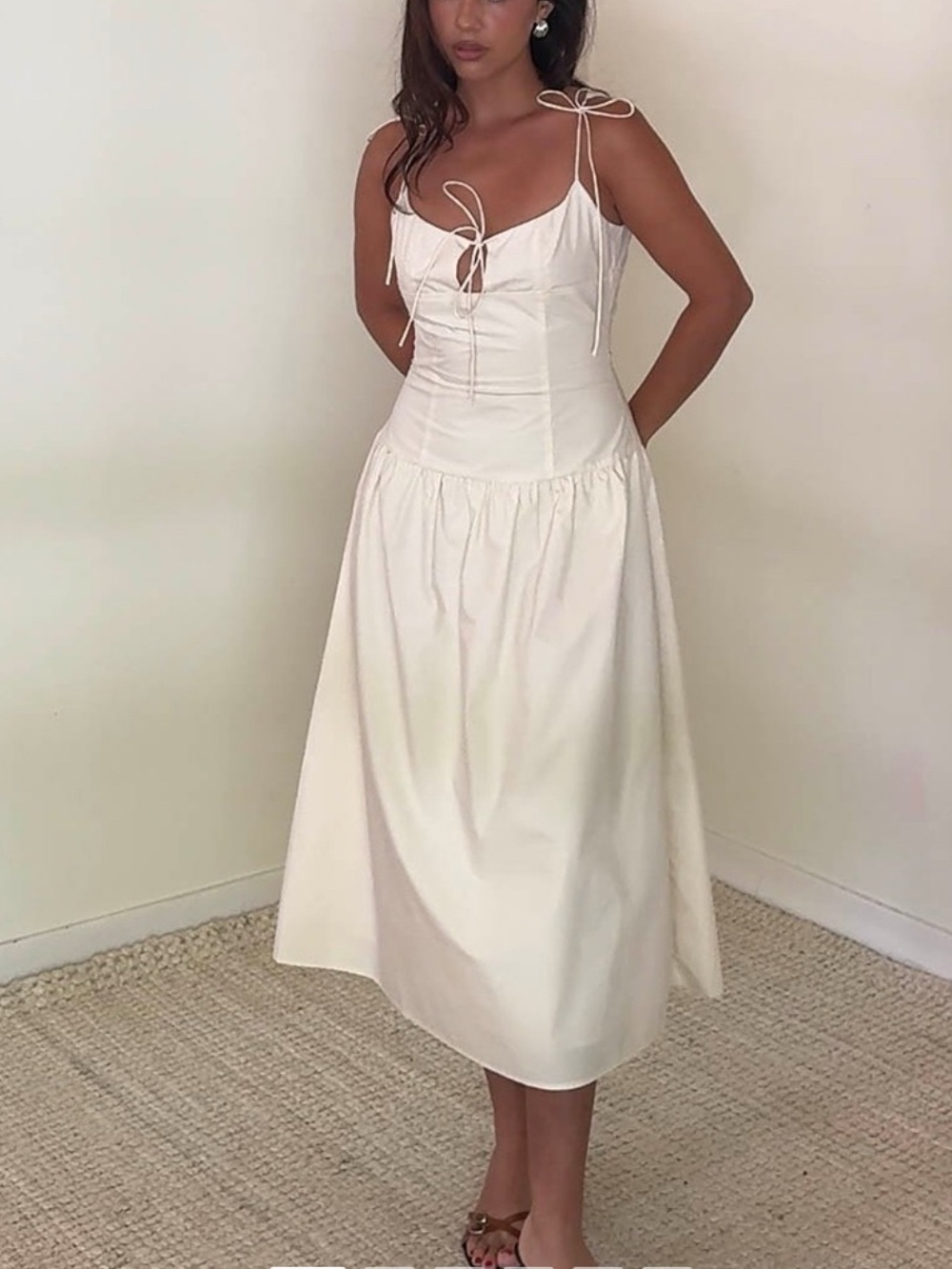 Tie-Shoulder Cream Midi Dress with Sweetheart Bodice